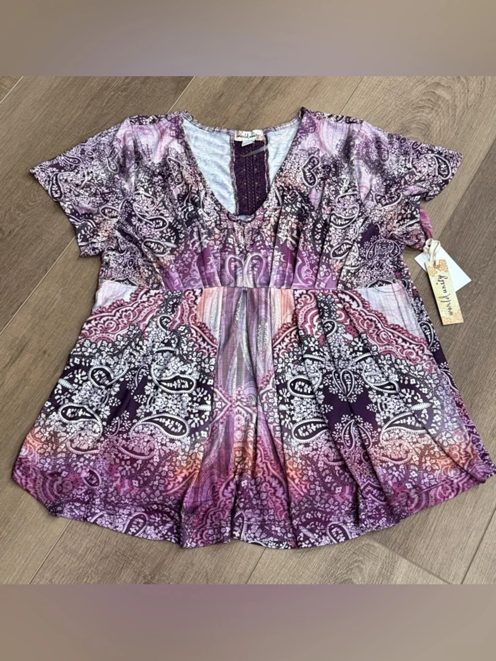 Unity World Fairy Tunic Top Womens L Purple Paisley Pleated Babydoll Hankerchief - Picture 1 of 9